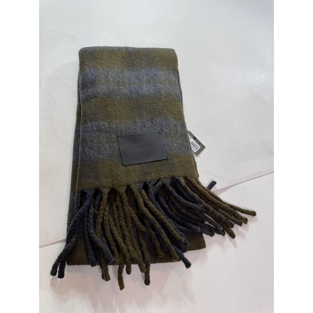 AllSaints Rilas Strk Brushed Check Scarf Mens One Size Green Plaid Fringe